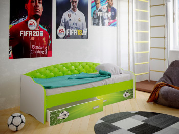 Кровать Софа-8 с мягкой спинкой фотопечать Футбол (900х1900) Белый/Лайм в Кольцово - kolcovo.mebel54.com | фото