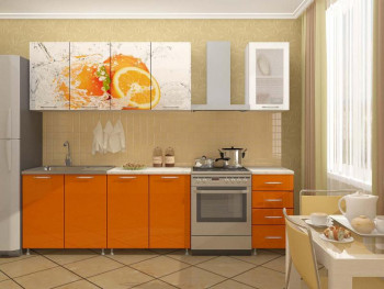 Кухонный гарнитур 1,6м Апельсин (Белый/Оранжевый металлик/Фотопечать апельсин) в Кольцово - kolcovo.mebel54.com | фото