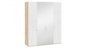 Шкаф комбинированный с 2 глухими и 2 зеркальными дверями «Эмбер» Яблоня Беллуно/Белый глянец в Кольцово - kolcovo.mebel54.com | фото